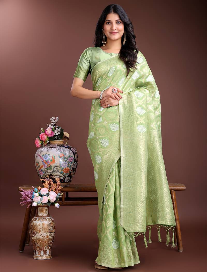 light green cotton woven work saree