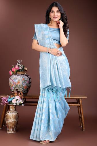 sky blue cotton woven work saree