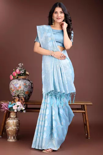 sky blue cotton woven work saree