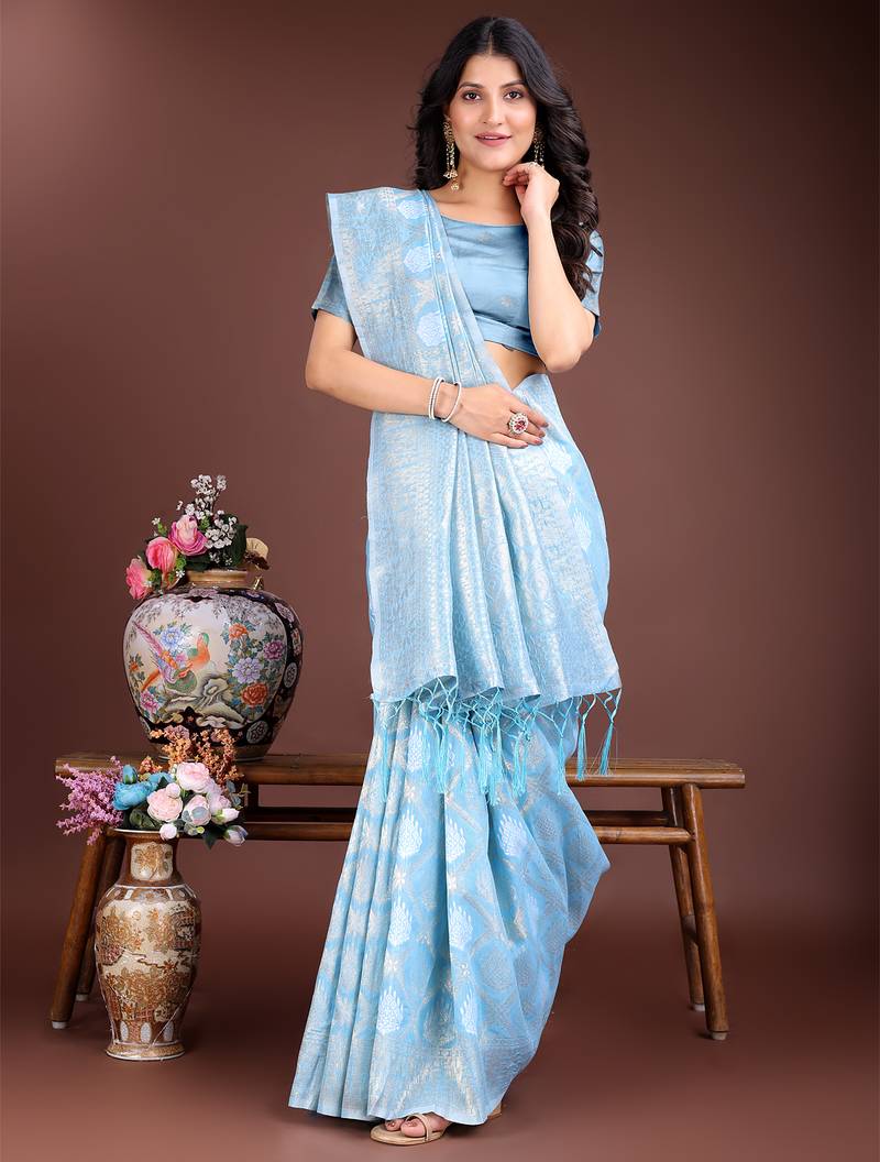 sky blue cotton woven work saree
