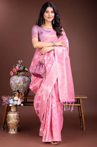 pink cotton woven work saree