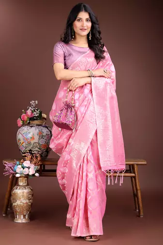 pink cotton woven work saree