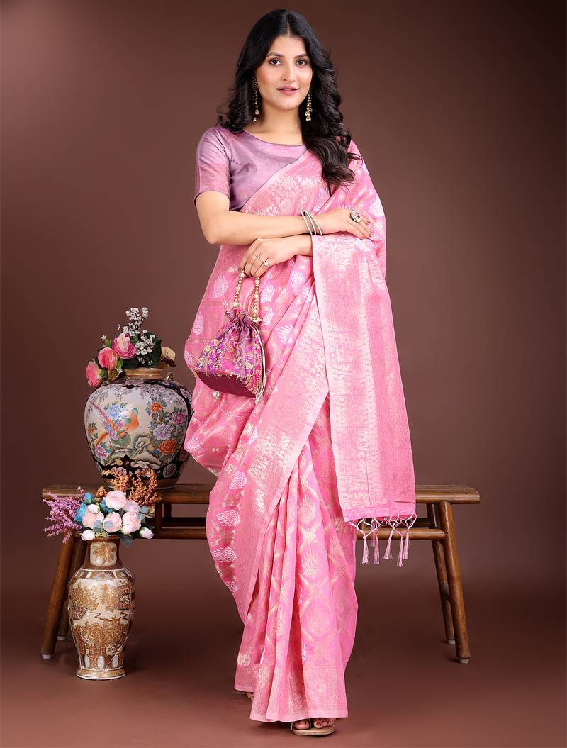 pink cotton woven work saree