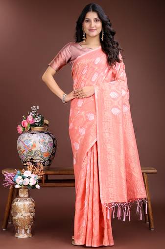 peach cotton woven work saree