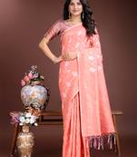 peach cotton woven work saree