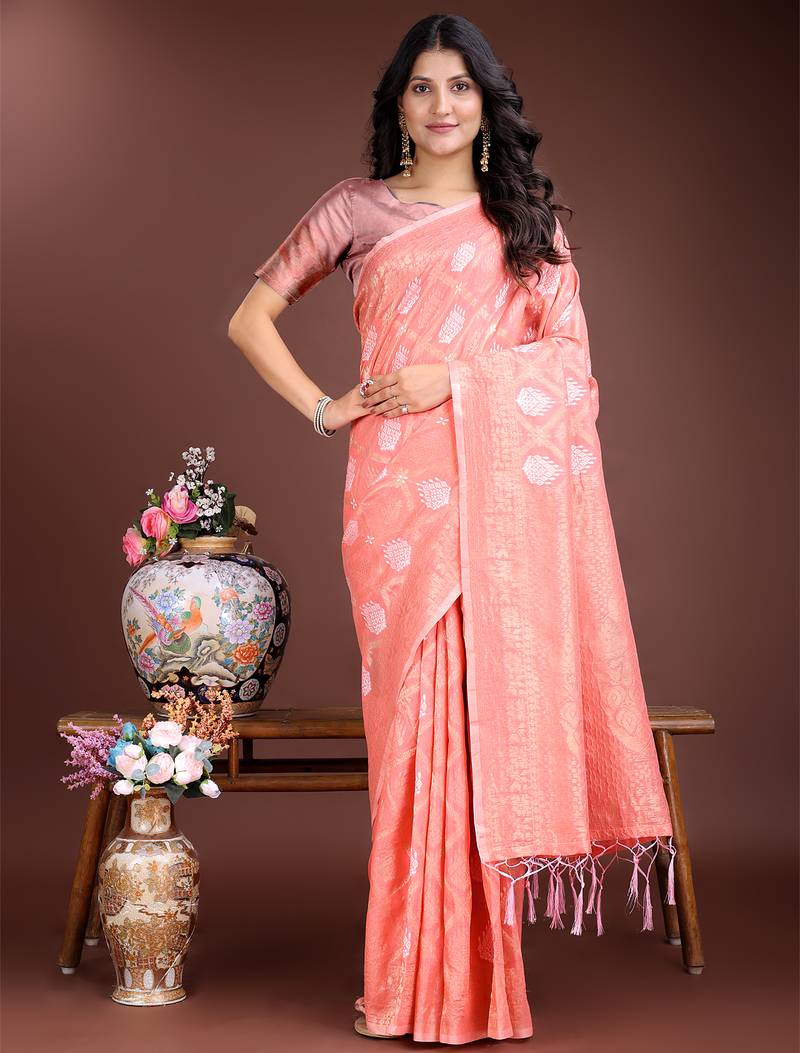 peach cotton woven work saree