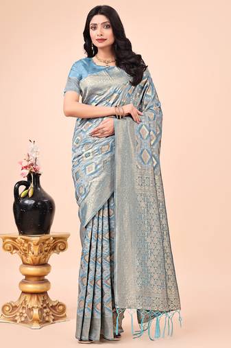 sky blue cotton woven work saree