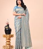 sky blue cotton woven work saree