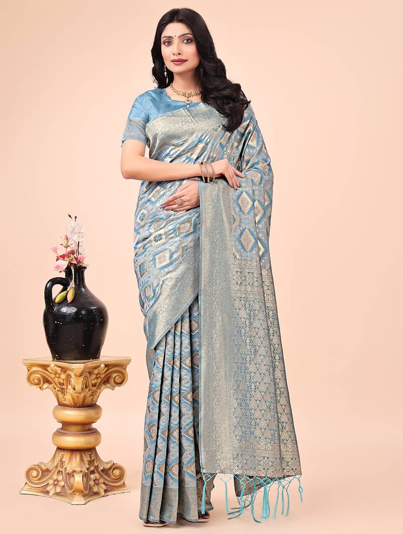 sky blue cotton woven work saree