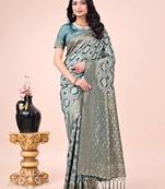 green cotton woven work saree