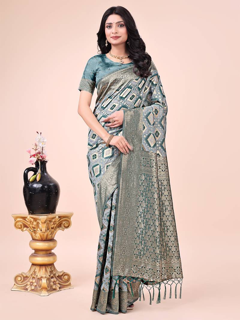 green cotton woven work saree