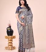 navy blue cotton woven work saree
