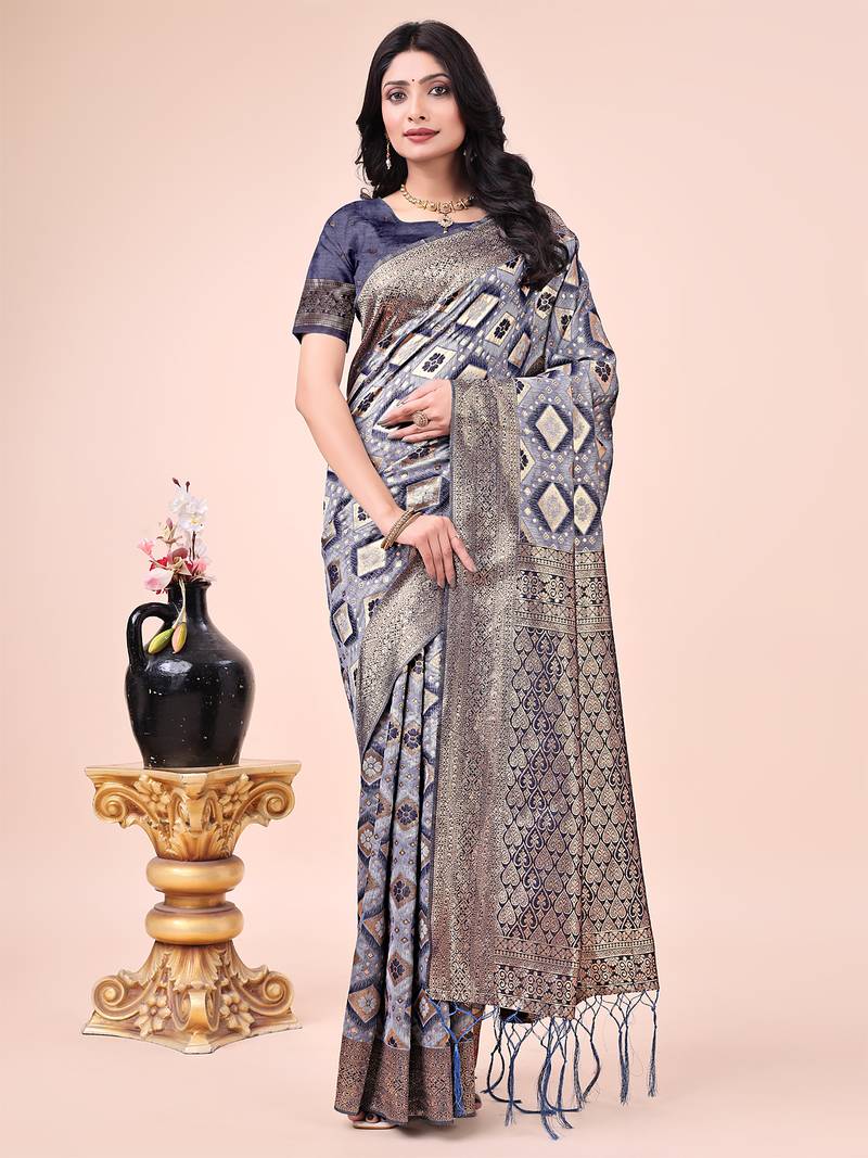 navy blue cotton woven work saree