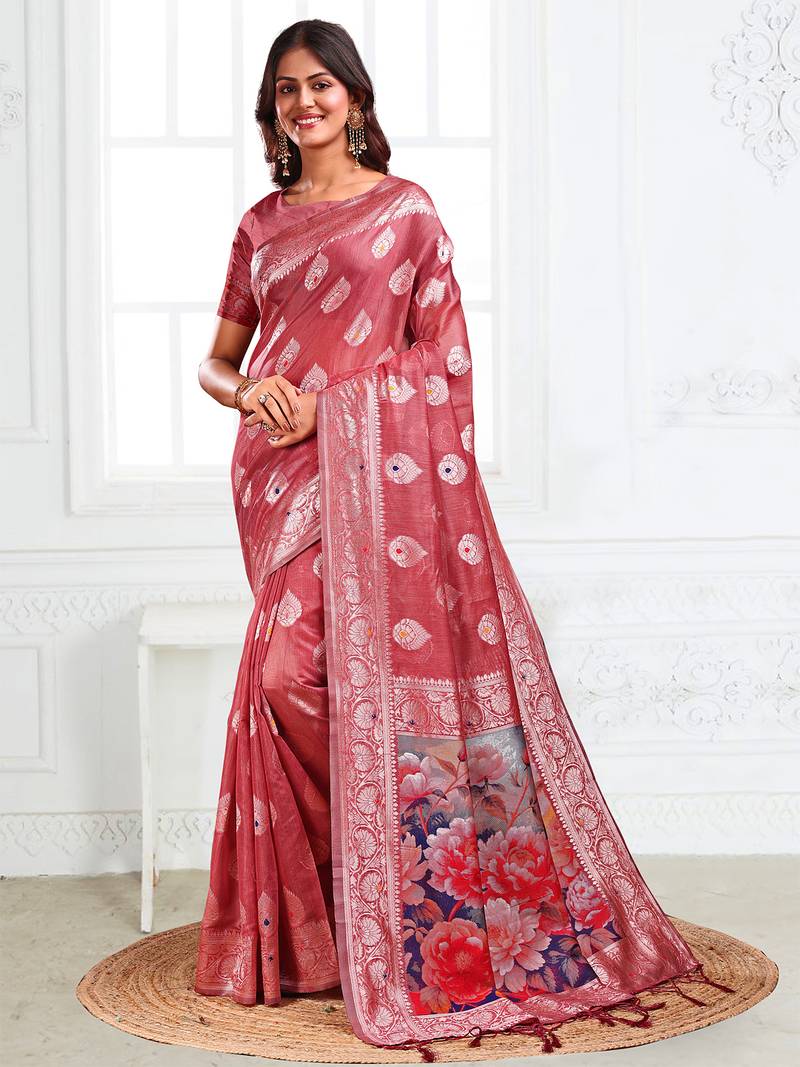 rust color printed & woven work linen cotton saree