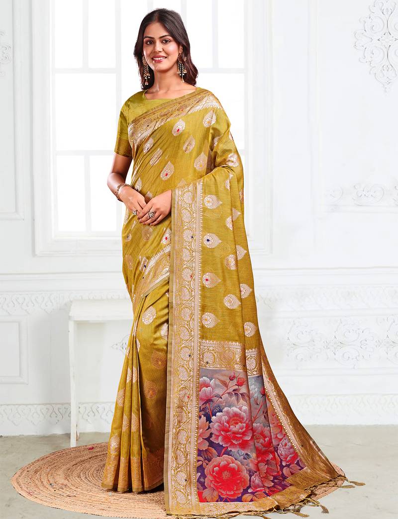 mehandi green color printed & woven work linen cotton saree