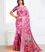 pink color printed & woven work linen cotton saree