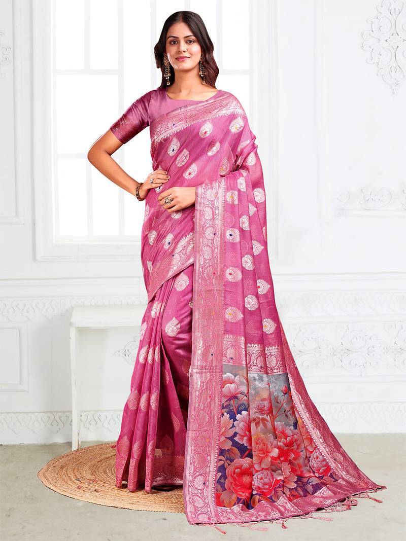 pink color printed & woven work linen cotton saree