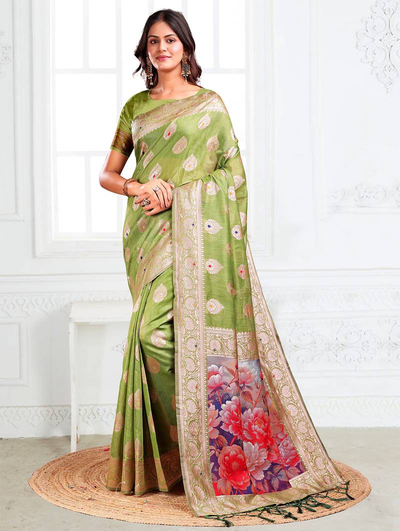 green color printed & woven work linen cotton saree