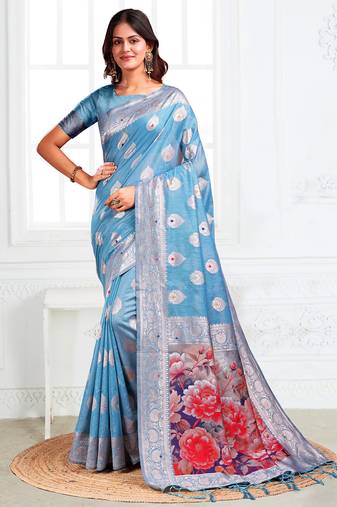 sky blue color printed & woven work linen cotton saree