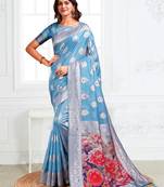 sky blue color printed & woven work linen cotton saree