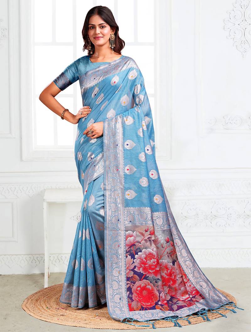 sky blue color printed & woven work linen cotton saree