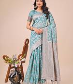 teal  color  woven work linen cotton saree