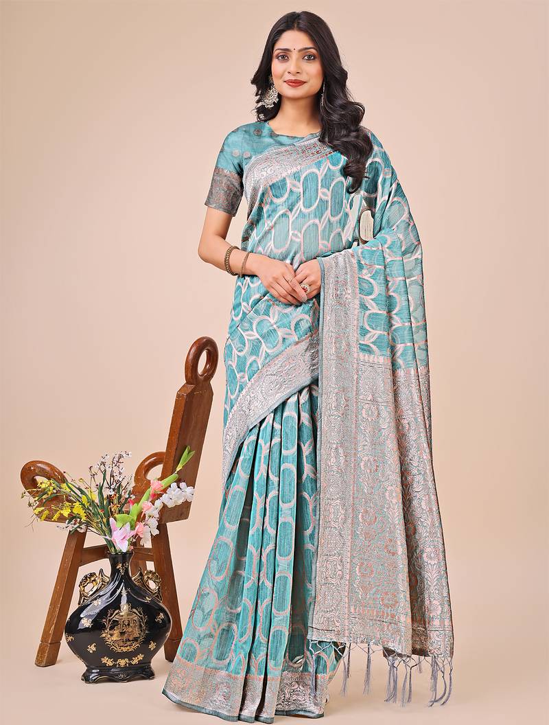 teal  color  woven work linen cotton saree
