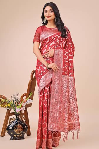 red  color  woven work linen cotton saree