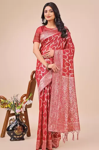 red  color  woven work linen cotton saree