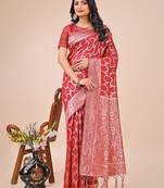 red  color  woven work linen cotton saree