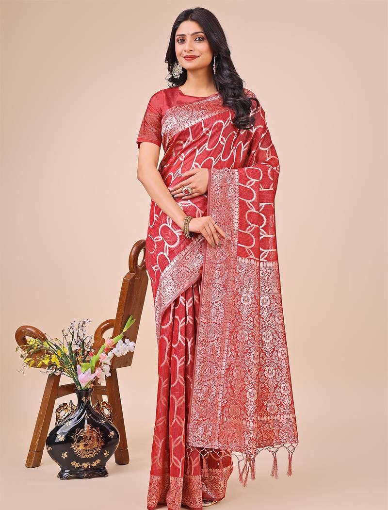 red  color  woven work linen cotton saree