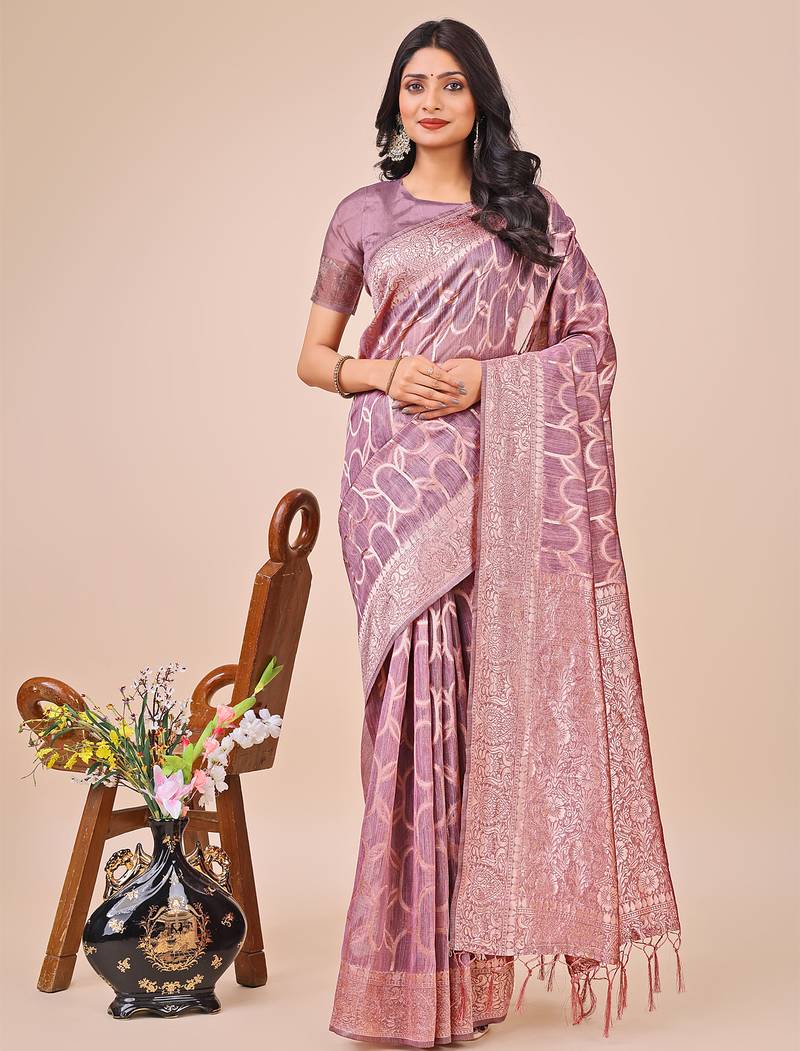 purple  color  woven work linen cotton saree