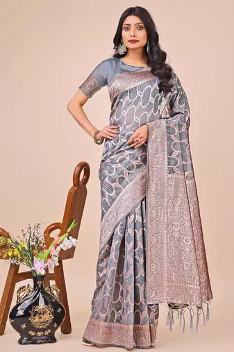 grey  color  woven work linen cotton saree