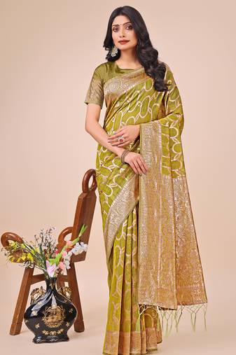 olive green  color  woven work linen cotton saree
