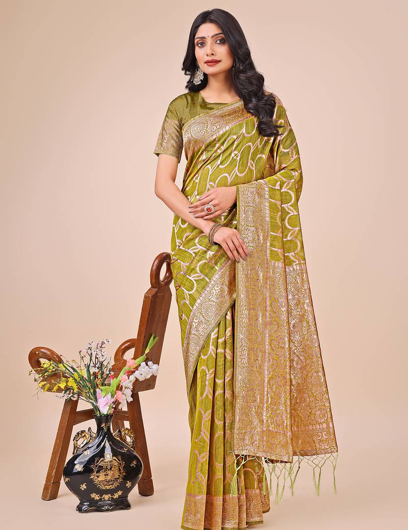 olive green  color  woven work linen cotton saree