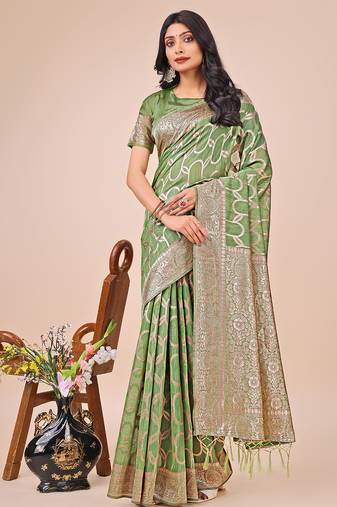 green  color  woven work linen cotton saree