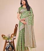 green  color  woven work linen cotton saree