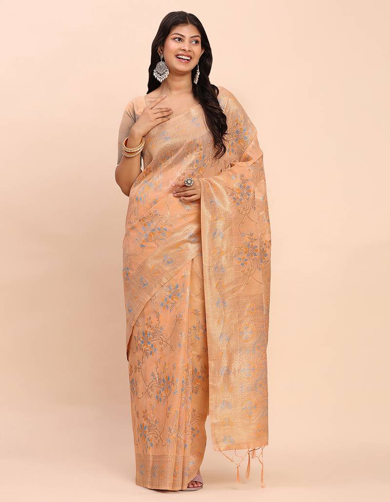 orange color woven work linen cotton saree