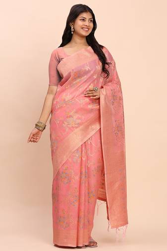 peach color woven work linen cotton saree