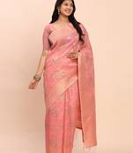 peach color woven work linen cotton saree