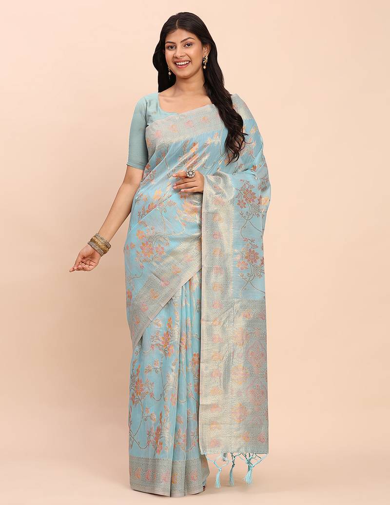 sky blue color woven work linen cotton saree