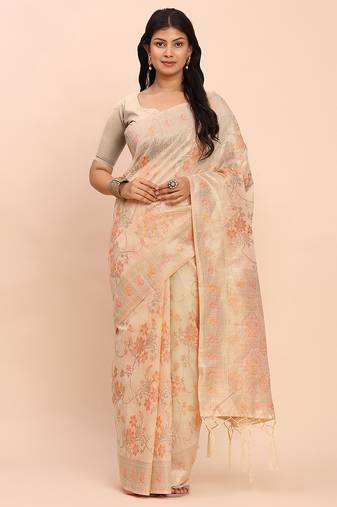 off white color woven work linen cotton saree