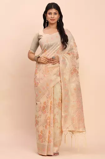 off white color woven work linen cotton saree