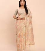 off white color woven work linen cotton saree