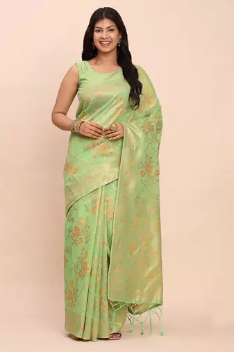 green color woven work linen cotton saree