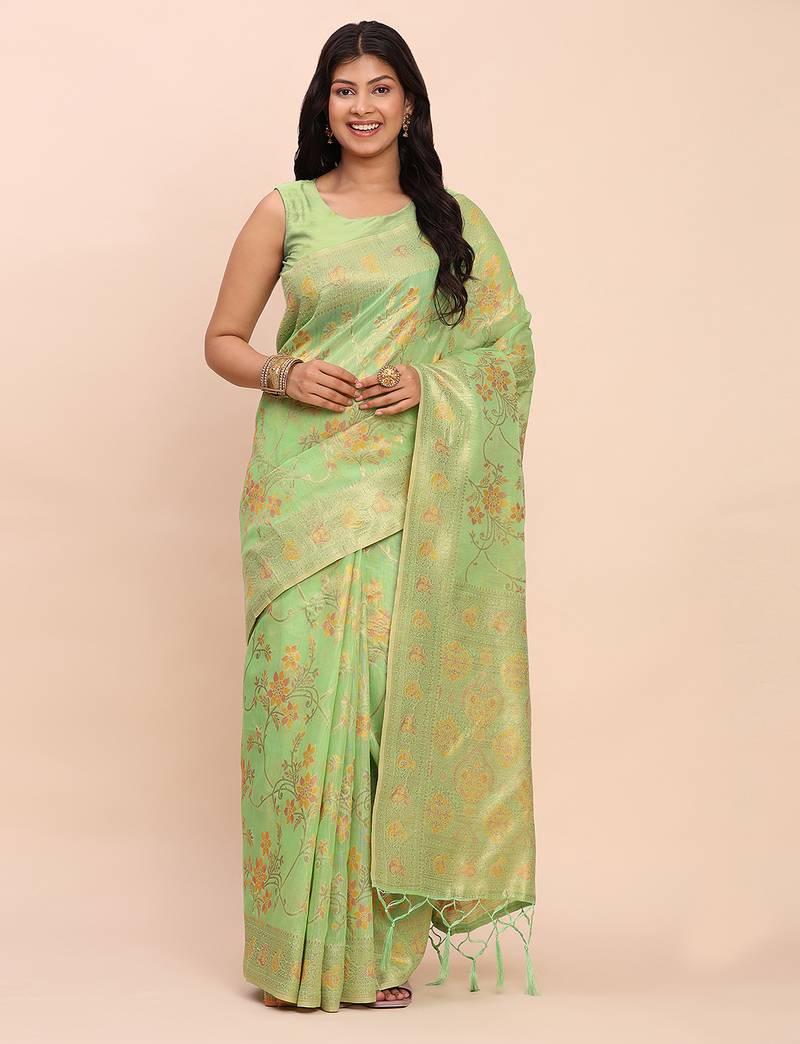 green color woven work linen cotton saree