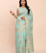 sea green color woven work linen cotton saree
