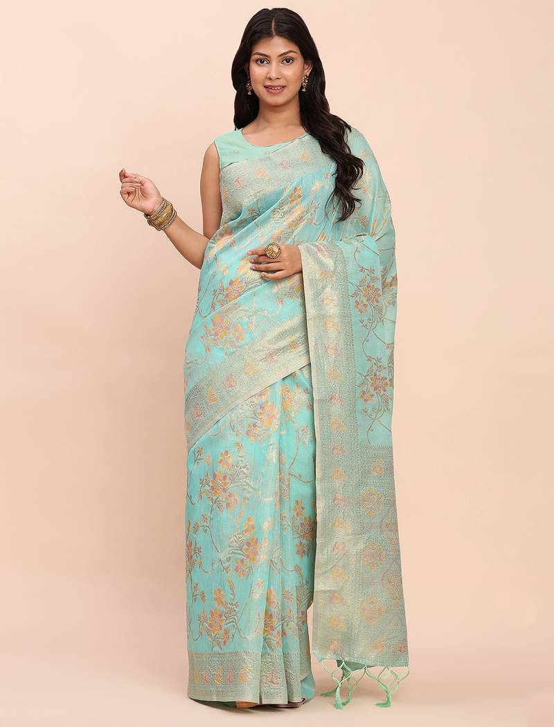 sea green color woven work linen cotton saree