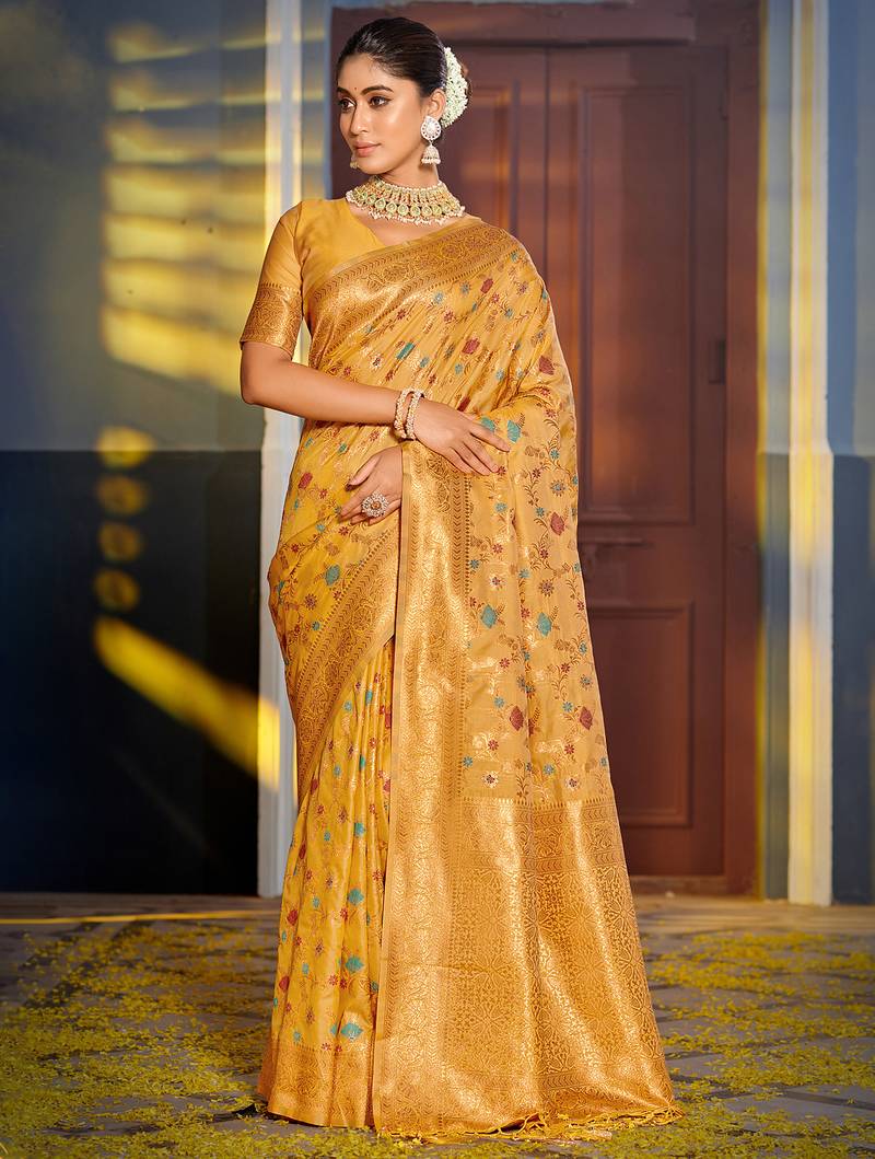 yellow color woven work banarasi art silk saree