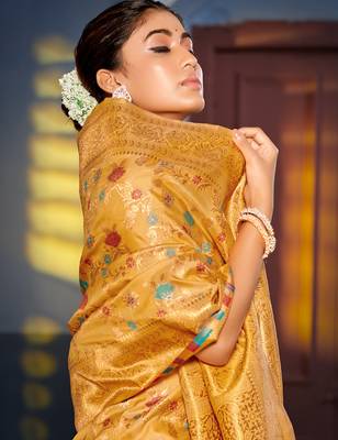 yellow woven work banarasi art silk blend saree 2